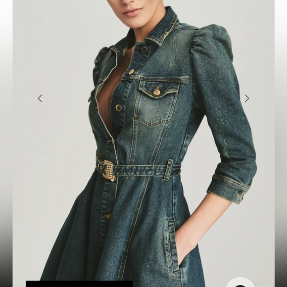 RETROFÉTE RETROFETE Clara Belted Distressed Denim Mini Shirt Dress Small - Picture 2 of 16